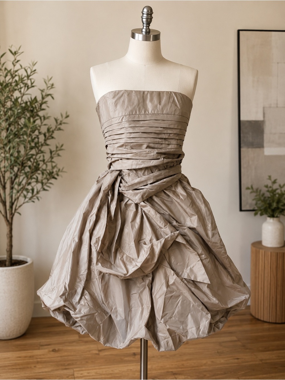 BCBGMaxAzria Taupe Strapless Pleated Bodice Bubble-Hem Dress ($ for Travel Sale!